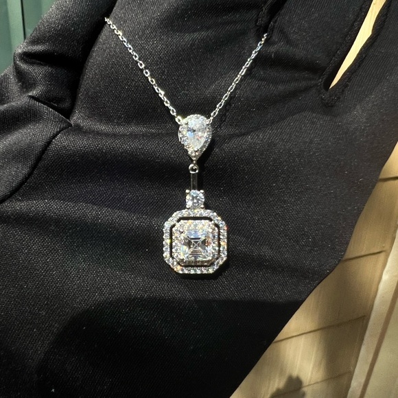 New Moissanite Asscher Cut Necklace 1.2CT, 18K White Gold Plated Sterling Silver - Picture 6 of 17